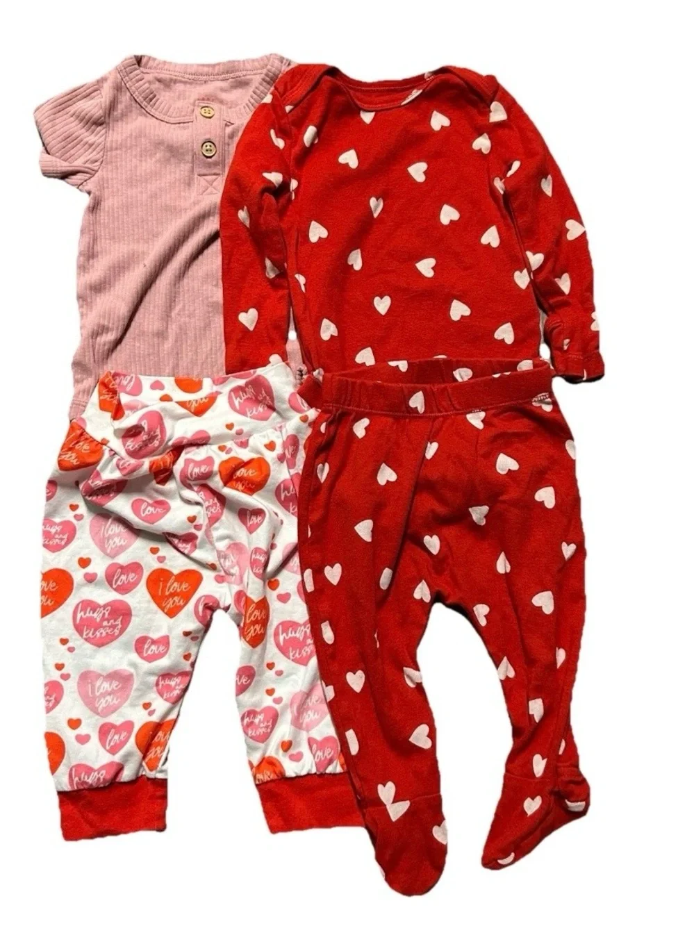 Baby Girl Valentine’s Day Pink Red Hearts Bodysuits Pants Size 3-6 Months
